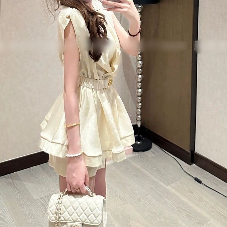 Elegant V-Neck Sleeveless Top and High-Waisted Shorts Two-Piece Set – Minimalist Japanese Style - Image 1