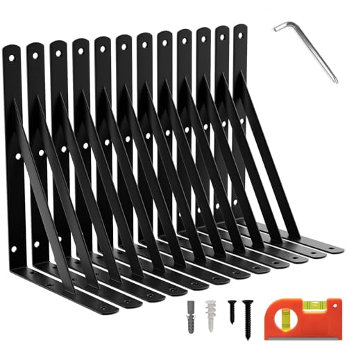 LEOPO 12-Pack 11 Inch Heavy Duty Shelf Brackets, Large Floating Wall Bracket for Garage Storage Shelves, Black Powder-Coated Finish, Load Capacity 800lbs - Image 1