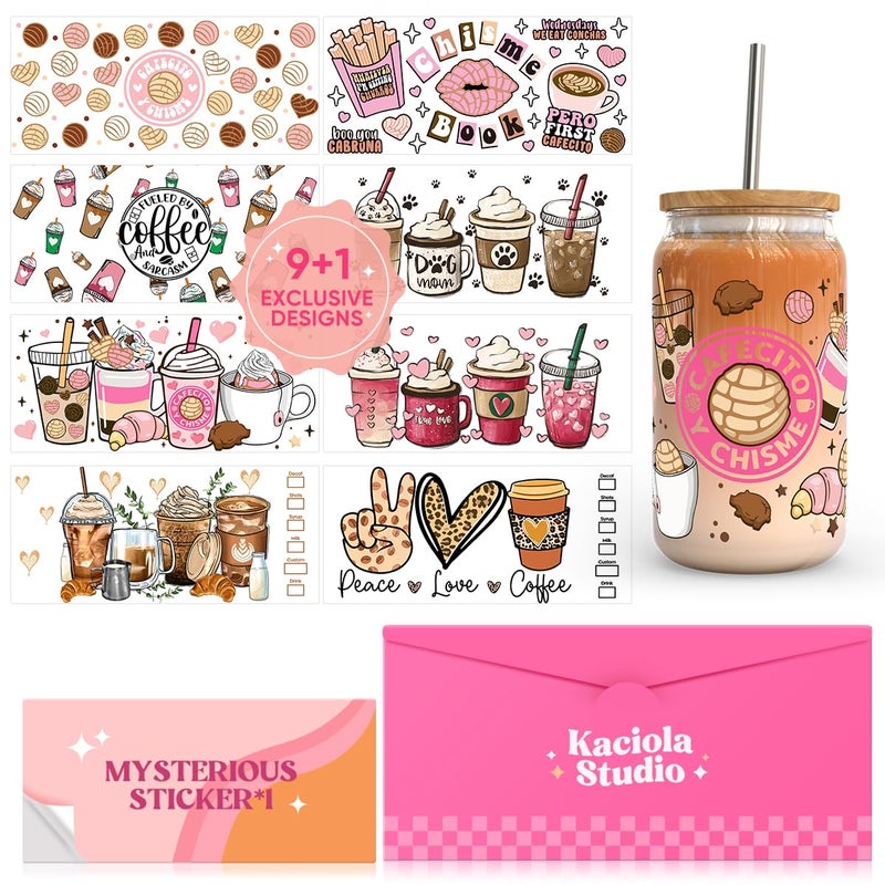 Kaciola 10 Sheets UV DTF Cup Wraps for 16 oz- Coffee Theme UV DTF Stickers, 1 Sheet Mysterious Pattern Transfer, Rub on Transfers Stickers for 16 oz Libbey Glasses Crafting - Image 1
