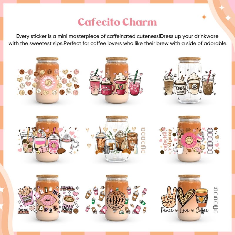 Kaciola 10 Sheets UV DTF Cup Wraps for 16 oz- Coffee Theme UV DTF Stickers, 1 Sheet Mysterious Pattern Transfer, Rub on Transfers Stickers for 16 oz Libbey Glasses Crafting - Image 2