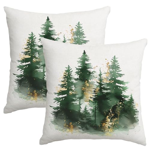 Artmag Christmas Pillow Covers 16x16 Inch Set of 2 Green Gold Christmas Tree Rustic Decorative Throw Pillows Covers Winter Holiday Decor for Couch Sofa - Image 1