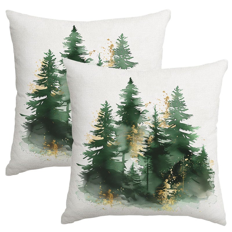 Artmag Christmas Pillow Covers 16x16 Inch Set of 2 Green Gold Christmas Tree Rustic Decorative Throw Pillows Covers Winter Holiday Decor for Couch Sofa - Image 2