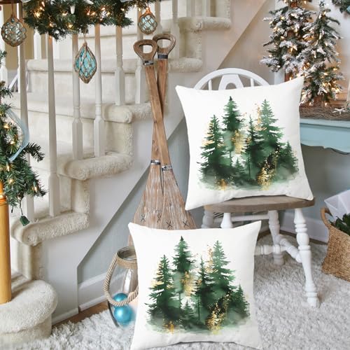Artmag Christmas Pillow Covers 16x16 Inch Set of 2 Green Gold Christmas Tree Rustic Decorative Throw Pillows Covers Winter Holiday Decor for Couch Sofa - Image 3