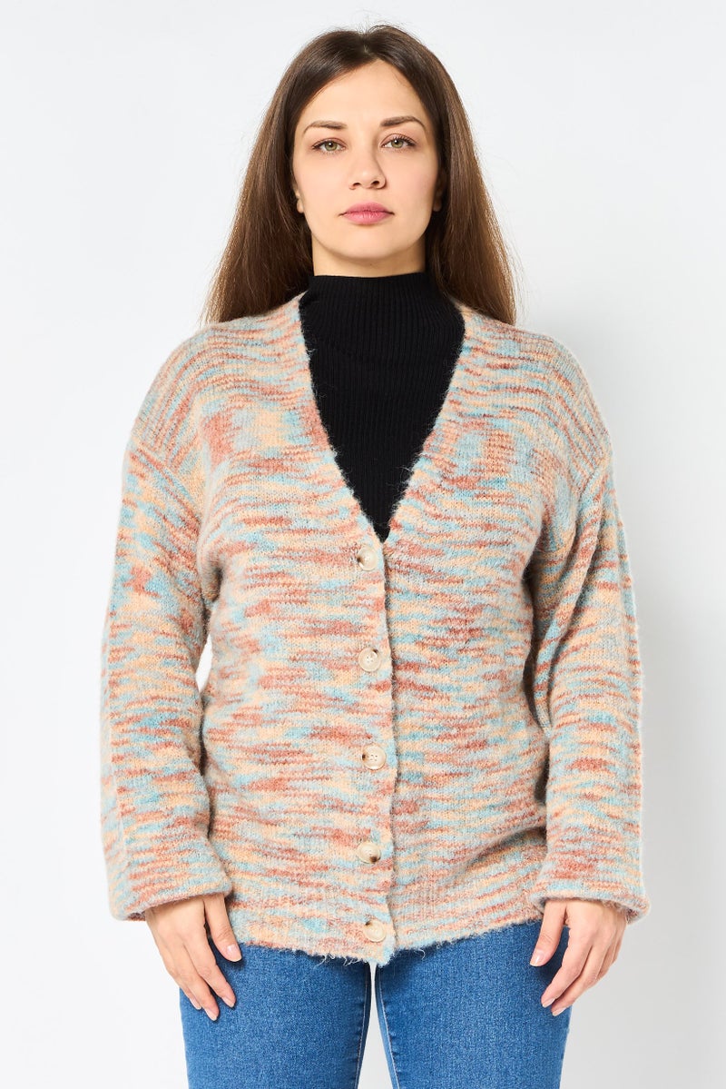 NIA Women V Neck Space Dye Knitted Cardigan, Multicolor - Image 1