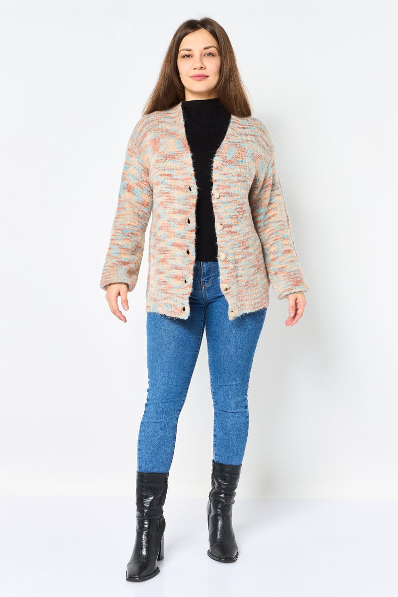 NIA Women V Neck Space Dye Knitted Cardigan, Multicolor - Image 4