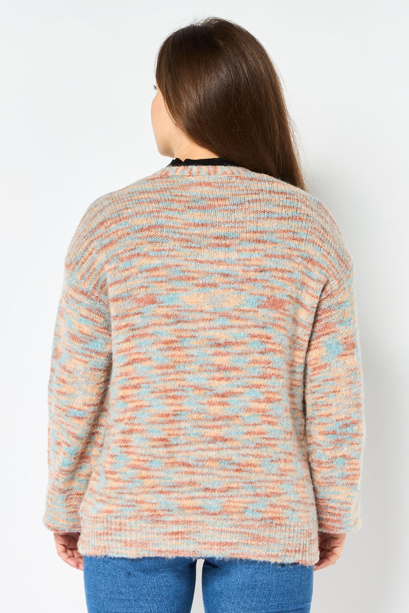 NIA Women V Neck Space Dye Knitted Cardigan, Multicolor - Image 3