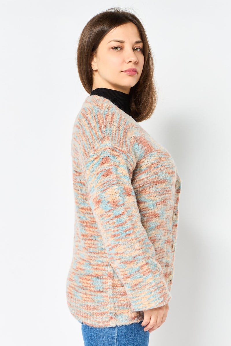 NIA Women V Neck Space Dye Knitted Cardigan, Multicolor - Image 2