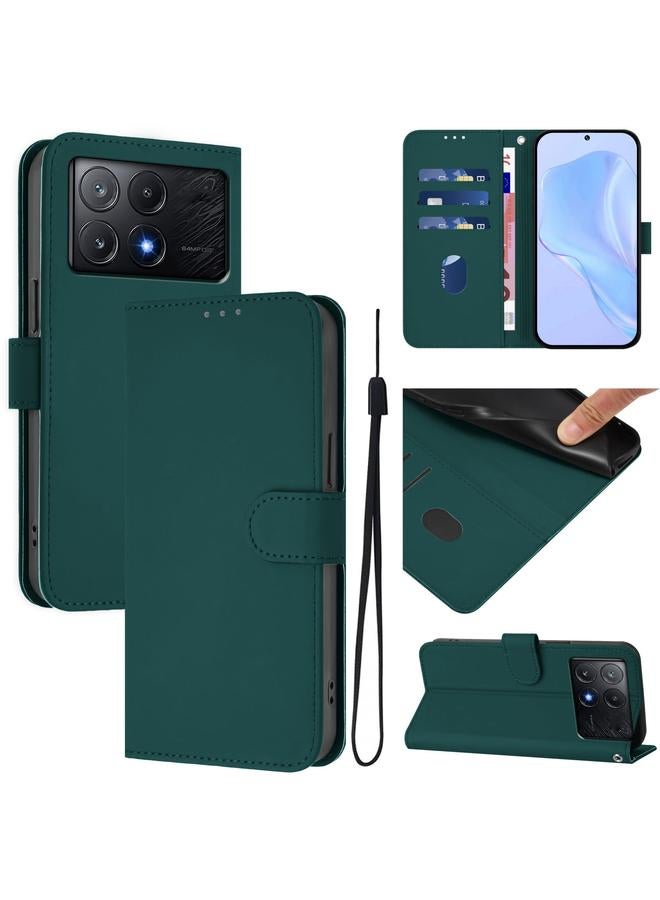 Zaboon For Xiaomi Poco X6 Pro Skin Feel Solid Color Leather Phone Case with Lanyard(Dark Green) 