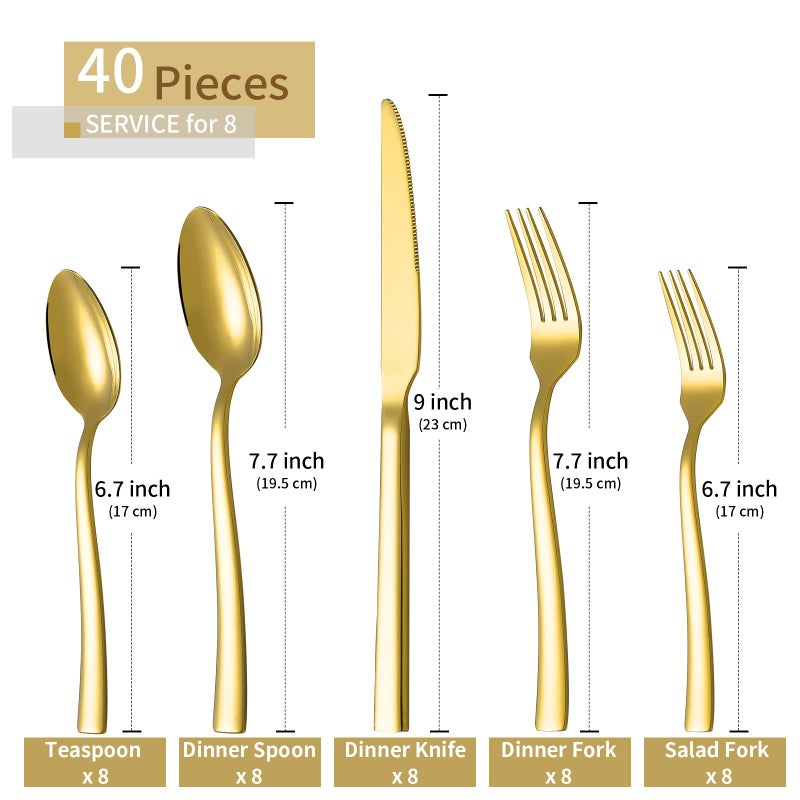 Briout Gold Silverware Set, Briout 40 Piece Stainless Steel Flatware Cutlery Set Service for 8 Luxury Square Tableware Thick Knife Fork Spoon for Home Kitchen Restaurant Wedding, Mirror Polished - Image 2