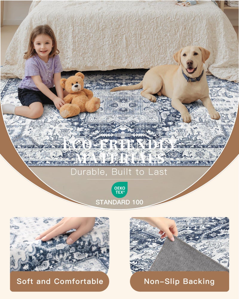 Madane Washable Runner Rug 2x6, Ultra-Thin Non-Slip Non-Shedding Hallway Runner, Stain Resistant Kitchen Mat Entryway Carpet Runner, Vintage Pet Friendly Low Pile Runners (2x6ft, Navy/White) - Image 5