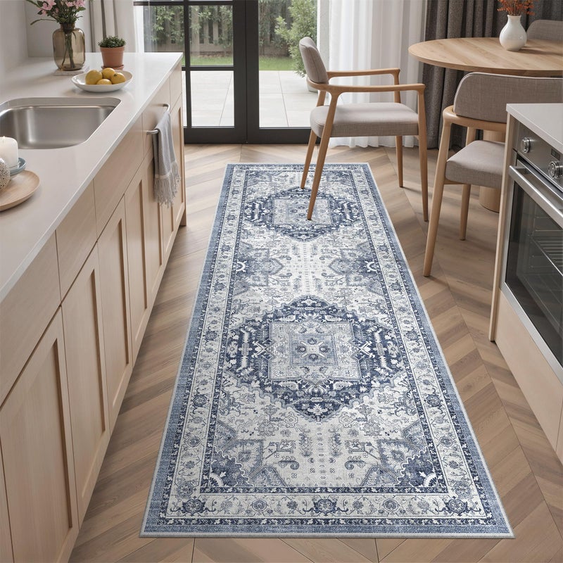 Madane Washable Runner Rug 2x6, Ultra-Thin Non-Slip Non-Shedding Hallway Runner, Stain Resistant Kitchen Mat Entryway Carpet Runner, Vintage Pet Friendly Low Pile Runners (2x6ft, Navy/White) - Image 3