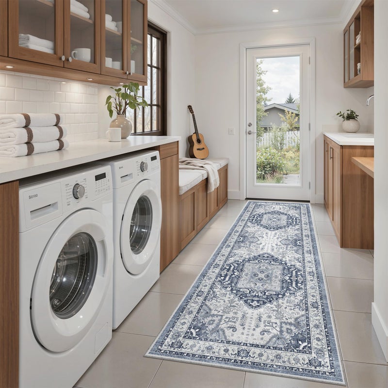 Madane Washable Runner Rug 2x6, Ultra-Thin Non-Slip Non-Shedding Hallway Runner, Stain Resistant Kitchen Mat Entryway Carpet Runner, Vintage Pet Friendly Low Pile Runners (2x6ft, Navy/White) - Image 2