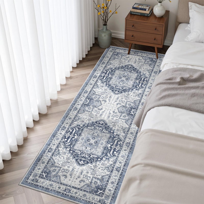 Madane Washable Runner Rug 2x6, Ultra-Thin Non-Slip Non-Shedding Hallway Runner, Stain Resistant Kitchen Mat Entryway Carpet Runner, Vintage Pet Friendly Low Pile Runners (2x6ft, Navy/White) - Image 4