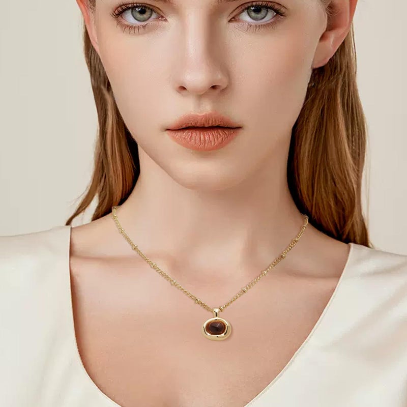 Jean Beau Gold Natural Tigers Eye Stone Pendant Necklaces for Women, Chunky Brown Gemstone Dangle Necklace Wedding Prom Fashion Jewelry Gifts - Image 2
