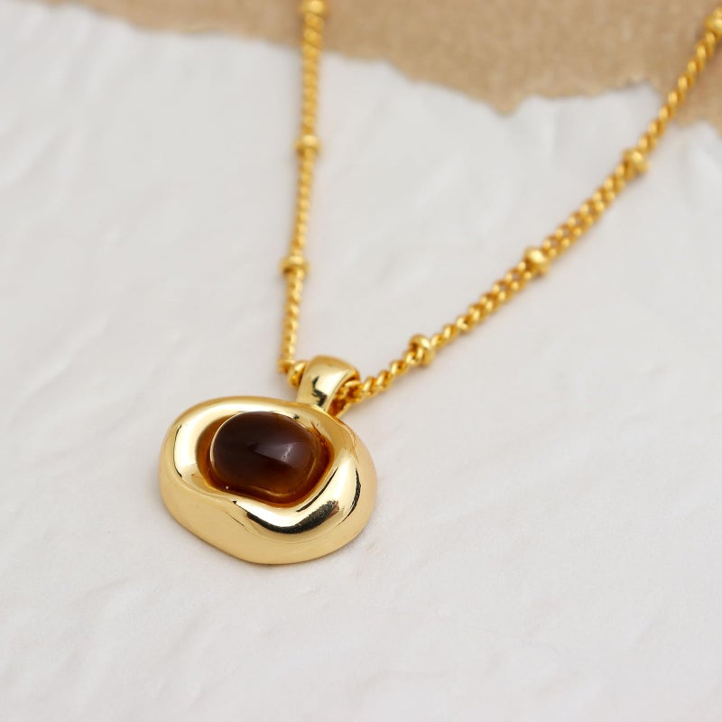 Jean Beau Gold Natural Tigers Eye Stone Pendant Necklaces for Women, Chunky Brown Gemstone Dangle Necklace Wedding Prom Fashion Jewelry Gifts - Image 4