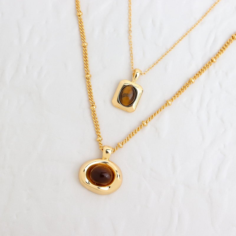 Jean Beau Gold Natural Tigers Eye Stone Pendant Necklaces for Women, Chunky Brown Gemstone Dangle Necklace Wedding Prom Fashion Jewelry Gifts - Image 5