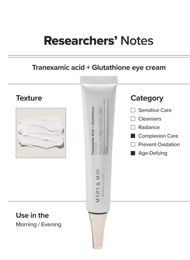 MARY & MAY Mary&May Tranexamic Acid + Glutathione Eye Cream – Reduces Dark Circles & Uneven Skin Tone 1.05 Fl Oz / 30ml, Brightens & Revitalizes Eyes  - Image 3
