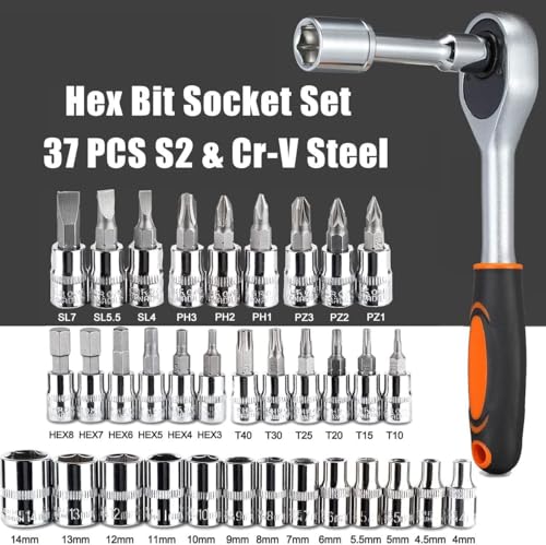 YWHWLX 46 Pieces 1/4 in. Drive Ratchet Socket Wrench Set with Quick-Release Ratchet,Includes Metric Bit Sockets and Extension Bar for Car Repair and Home Maintenance - Image 2