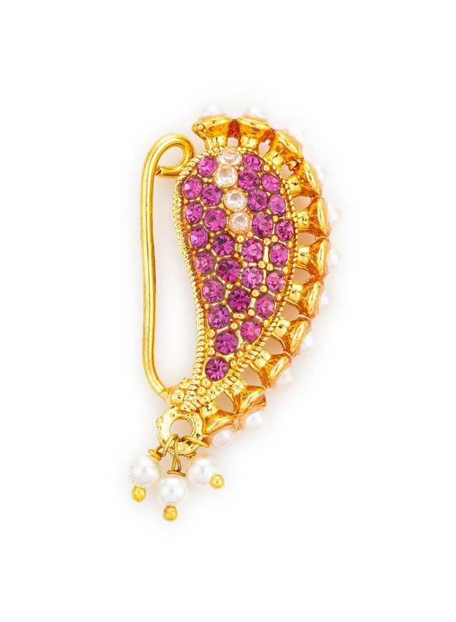 BEVOGUE Elegant Maharashtrian Nathani Nosepin for Women | Brass Gold Plated Traditional Jewellery with Pink Stones & Pearls | Ideal Festive Gift & Party Gift Choice (NAT4121) - Image 1