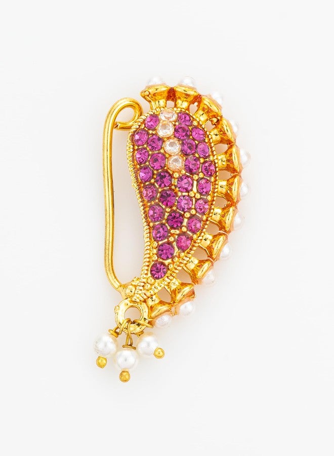 BEVOGUE Elegant Maharashtrian Nathani Nosepin for Women | Brass Gold Plated Traditional Jewellery with Pink Stones & Pearls | Ideal Festive Gift & Party Gift Choice (NAT4121) - Image 4