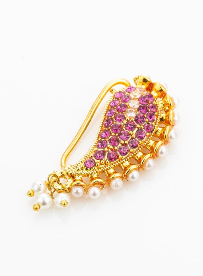 BEVOGUE Elegant Maharashtrian Nathani Nosepin for Women | Brass Gold Plated Traditional Jewellery with Pink Stones & Pearls | Ideal Festive Gift & Party Gift Choice (NAT4121) - Image 5