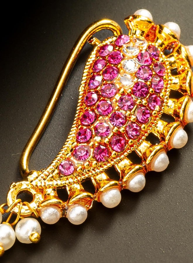 BEVOGUE Elegant Maharashtrian Nathani Nosepin for Women | Brass Gold Plated Traditional Jewellery with Pink Stones & Pearls | Ideal Festive Gift & Party Gift Choice (NAT4121) - Image 3