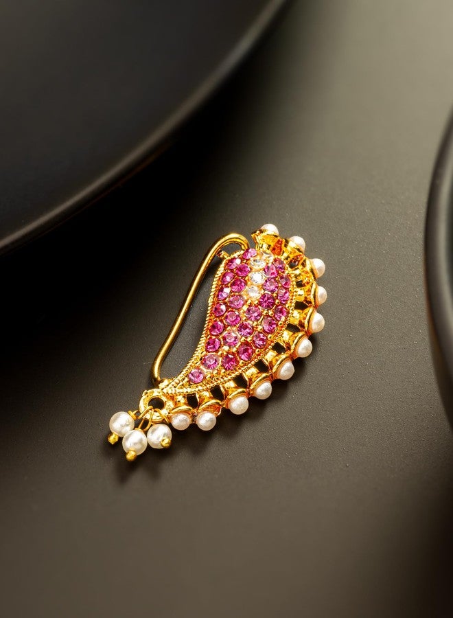 BEVOGUE Elegant Maharashtrian Nathani Nosepin for Women | Brass Gold Plated Traditional Jewellery with Pink Stones & Pearls | Ideal Festive Gift & Party Gift Choice (NAT4121) - Image 2