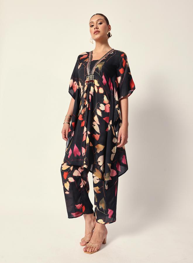 ISHIN Women's Black Muslin Textured Kaftan Full Palazzo Regular Fit Kurta Set - Image 1