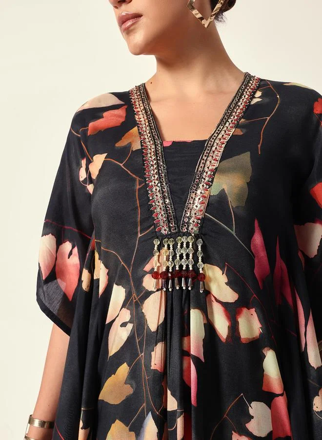 ISHIN Women's Black Muslin Textured Kaftan Full Palazzo Regular Fit Kurta Set