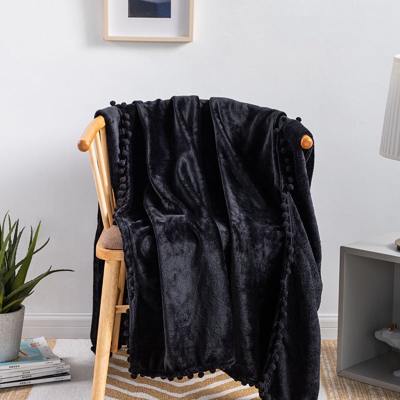 Fringe Pom-Pom Flannel Throw Blanket Solid Color Black 