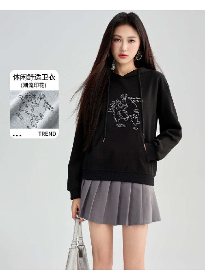 Hstyle Hooded Drawstring 2025 Spring/autumn Long-sleeve Top With Printed Casual Youthful Design Spring Women's Blouse - Image 1
