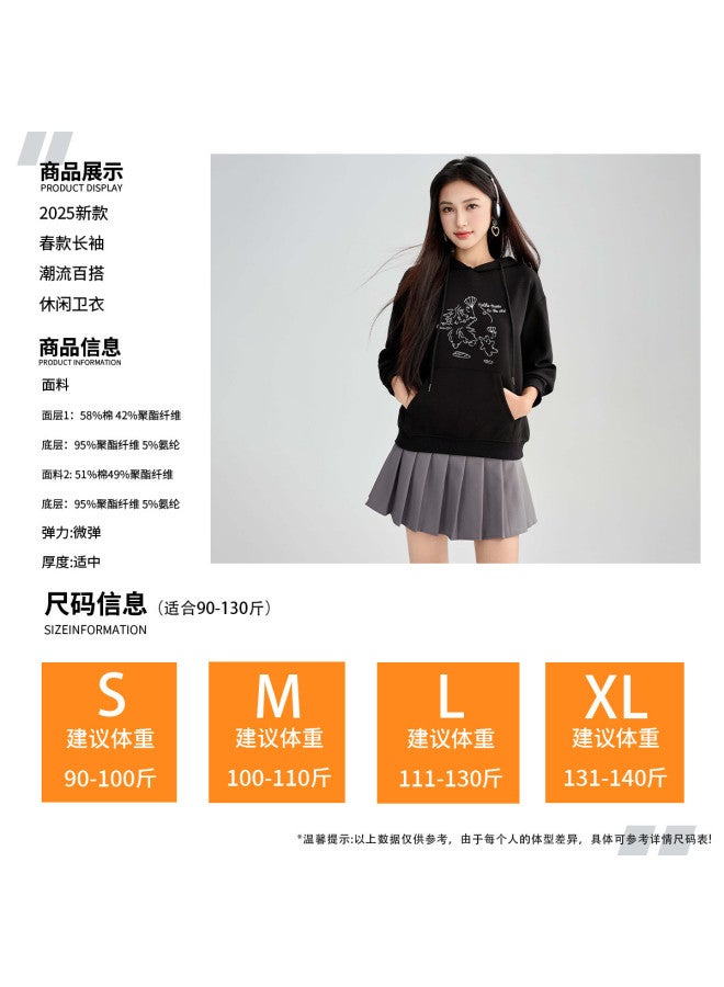 Hstyle Hooded Drawstring 2025 Spring/autumn Long-sleeve Top With Printed Casual Youthful Design Spring Women's Blouse - Image 4