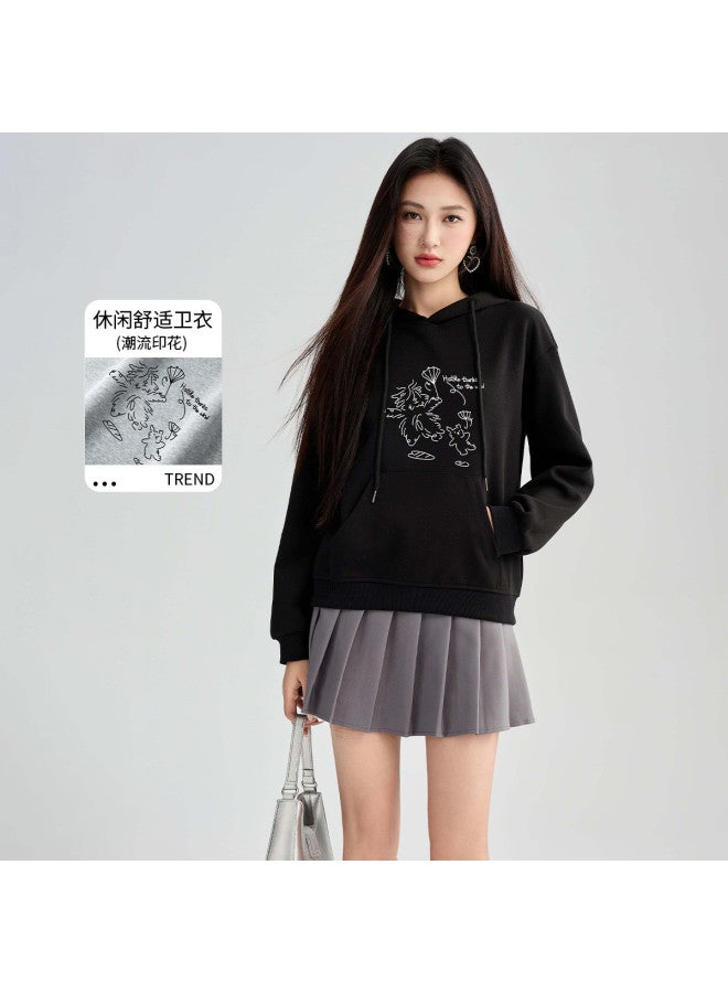 Hstyle Hooded Drawstring 2025 Spring/autumn Long-sleeve Top With Printed Casual Youthful Design Spring Women's Blouse - Image 2