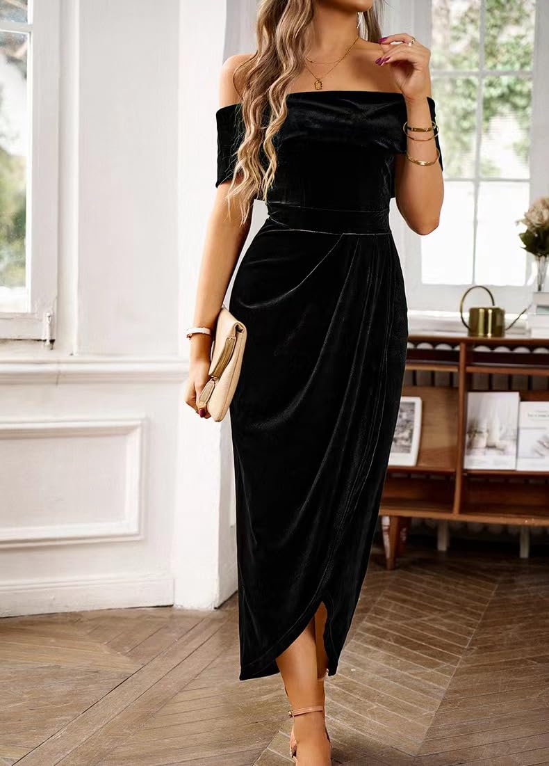 Sumleno Off The Shoulder Vintage Velvet Bodycon Midi Dress for Women Wrap Slit Elegant Cocktail Party Evening Pencil Dress (S,Black) - Image 2