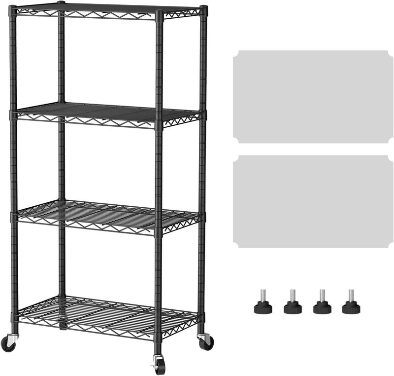 SINGAYE 4 Shelf Storage Wire Shelves Closet Bathroom Organizers Metal Pantry Kitchen Garage Shelving Unit Laundry Room Organization Home Narrow Rack Net Basket with Wheels Black - Image 1