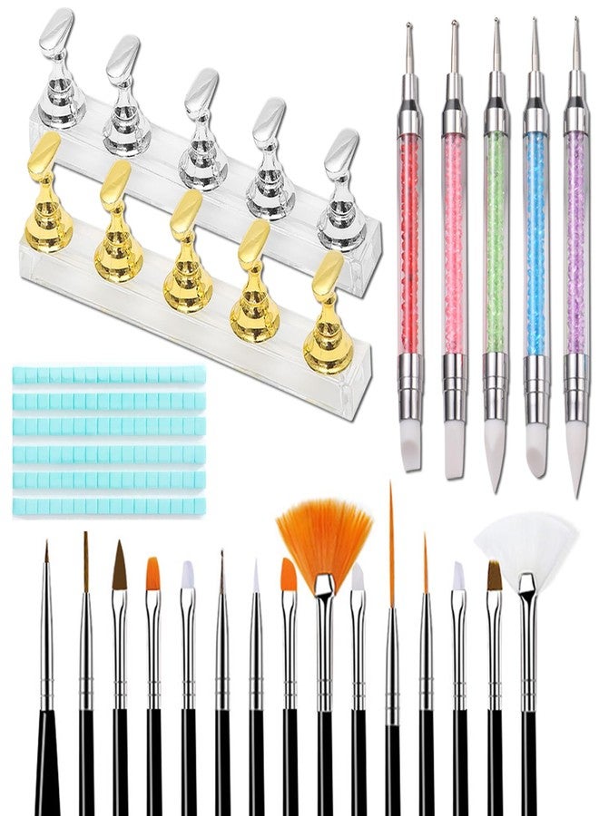 Dr.nail Nail Art Tools Set, 15 Pcs Nail Art Brushes, 5 Pcs Dual-Ended Nail Dotting & Sculpture Pens, 2 Set Nail Holder for Painting Nails with 96 Pcs Reusable Adhesive Putty, Nail Design Tools - Image 1