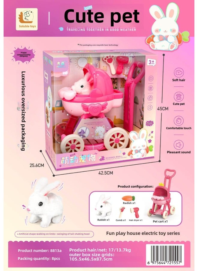Fang Deer Children's Electric Plush Pet White Rabbit Puppy Kitten Cute Pet Transparent Shoulder Bag Simulation Shape-Color:8813A [luxury Crown Cart (rabbit)]]  - Image 1