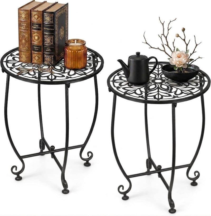DARCKLE 2 Pack Outdoor Side Table for Small Spaces, 14 Inch Patio Side Table,Plant Stand,Round Metal End Table Anti-Rust Waterproof Accent Table for Patio,Yard Porch Balcony Garden - Image 1