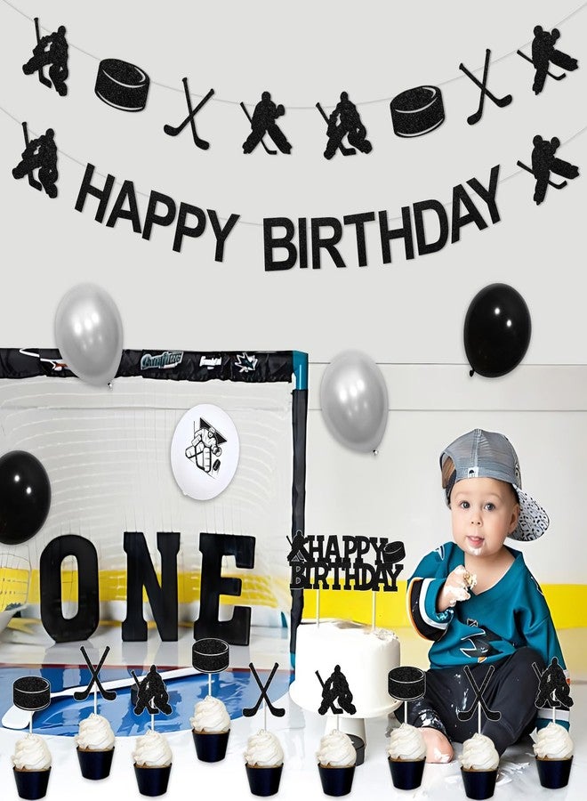 Balterever Ice Hockey Birthday Decorations for Boys Hockey Birthday Party Supplies with Ice Hockey Happy Birthday Banner Cupcake Cake Toppers Hockey Garland for Sports Birthday Party Supplies - Image 3
