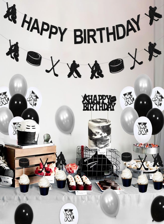 Balterever Ice Hockey Birthday Decorations for Boys Hockey Birthday Party Supplies with Ice Hockey Happy Birthday Banner Cupcake Cake Toppers Hockey Garland for Sports Birthday Party Supplies - Image 2