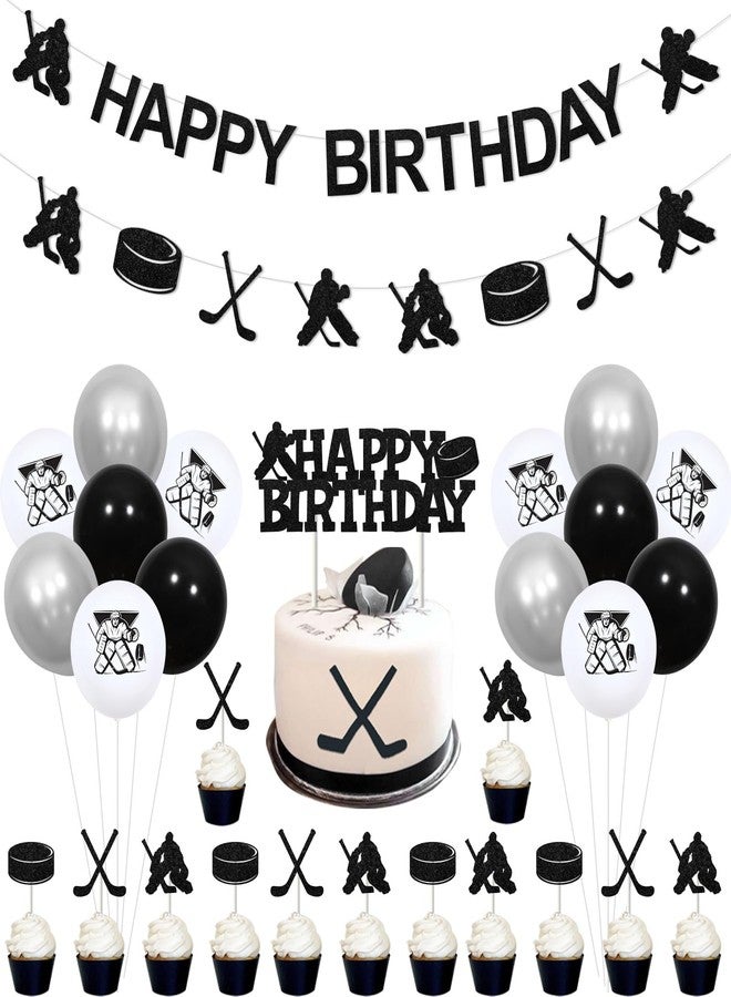 Balterever Ice Hockey Birthday Decorations for Boys Hockey Birthday Party Supplies with Ice Hockey Happy Birthday Banner Cupcake Cake Toppers Hockey Garland for Sports Birthday Party Supplies - Image 1