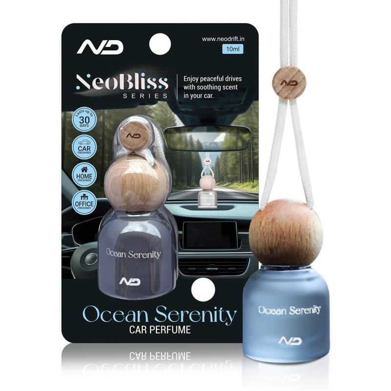 NEODRIFT 'NeoBliss' (Set of 1) | (Ocean Serenity) Car Hanging Diffuser Car Perfume & Air Freshener in Glass Bottle with Wooden Lid and Long Lasting Scent - 10ml - Image 1