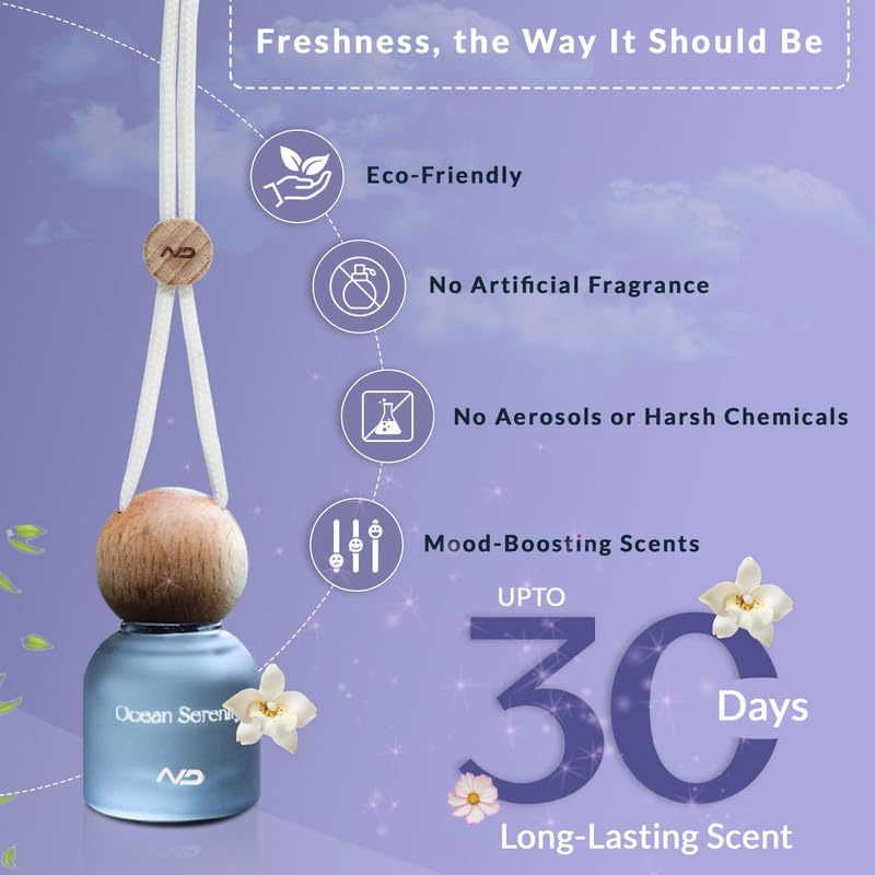 NEODRIFT 'NeoBliss' (Set of 1) | (Ocean Serenity) Car Hanging Diffuser Car Perfume & Air Freshener in Glass Bottle with Wooden Lid and Long Lasting Scent - 10ml - Image 3