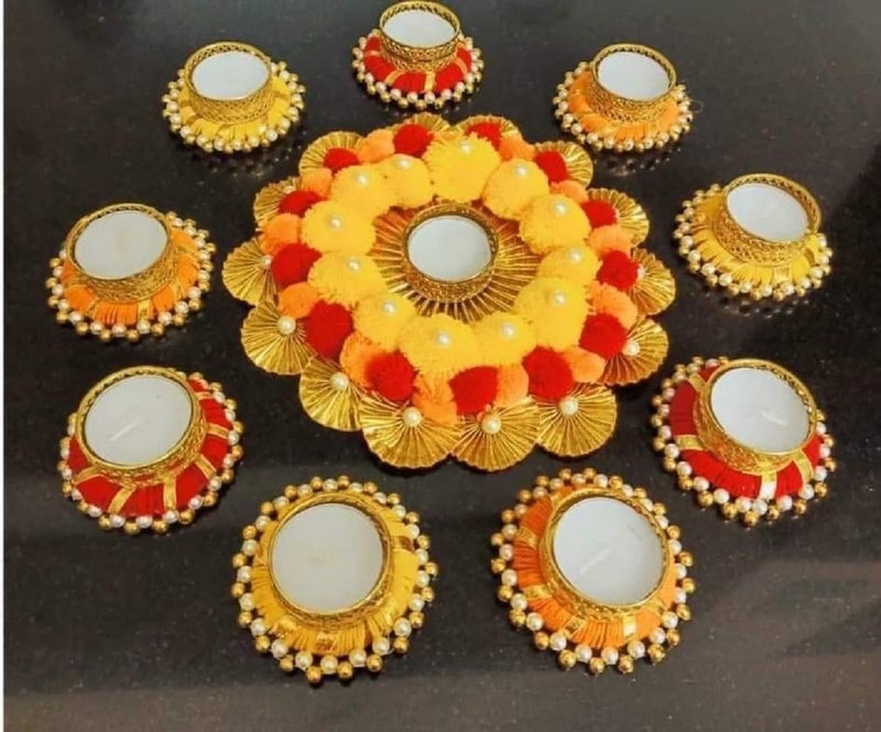 Sanvatsar Home Diwali Decorative Floral Rangoli & Diya Set of 10 | Handmade Tea Light Candle Designer Diyas - Deepak,Candles, Home Decoration Tea Light Wax for puja Festival Decor, Wedding Decoration - Image 4