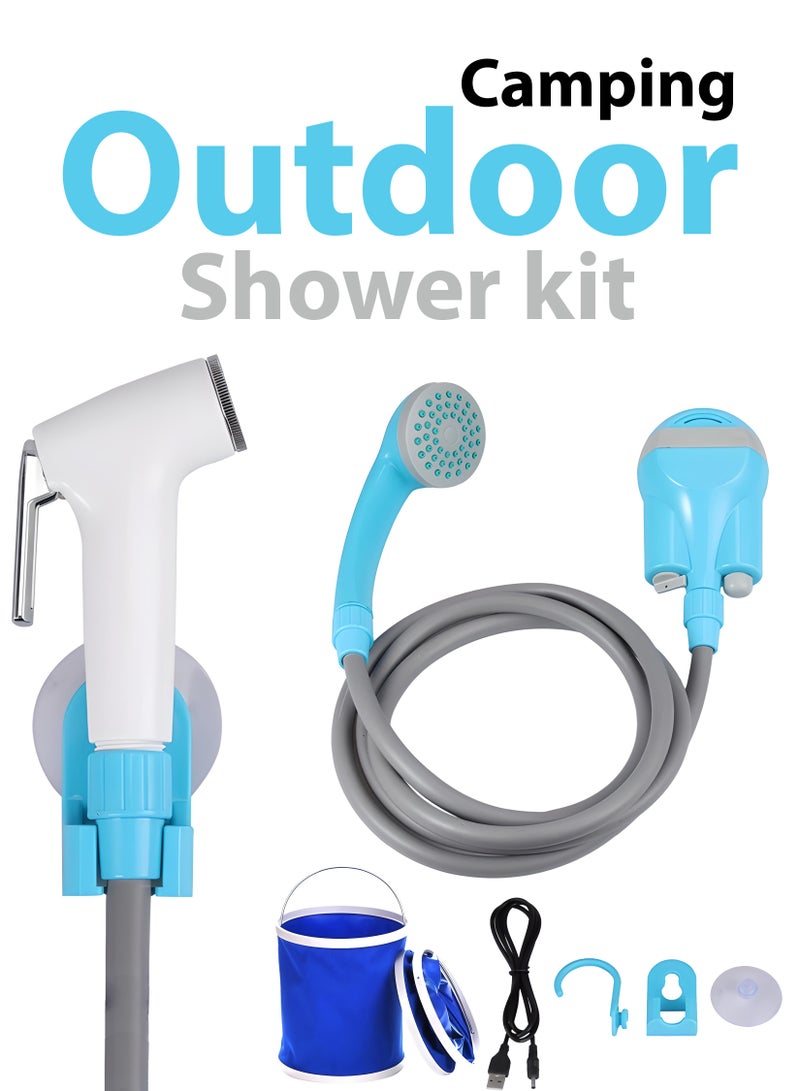 Toshonics Portable Outdoor Shower Foldable Bucket Kit: Rechargeable battery water pump, USB cable, 2m hose for outdoor activities like car washing, pet cleaning, plant watering, and kitchen use - Image 1