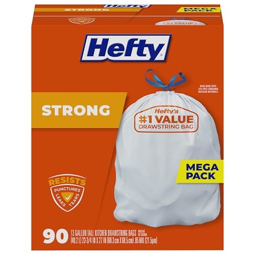 Hefty أكياس قمامة هيفتي سترونغ سعة 13 جالون، أكياس قمامة مطبخ طويلة، بدون رائحة، أكياس قمامة كبيرة مع أربطة، إغلاق متين، مقاومة للتسرب، والثقوب، والتمزق، بيضاء، بدون رائحة، 90 كيس - Image 1
