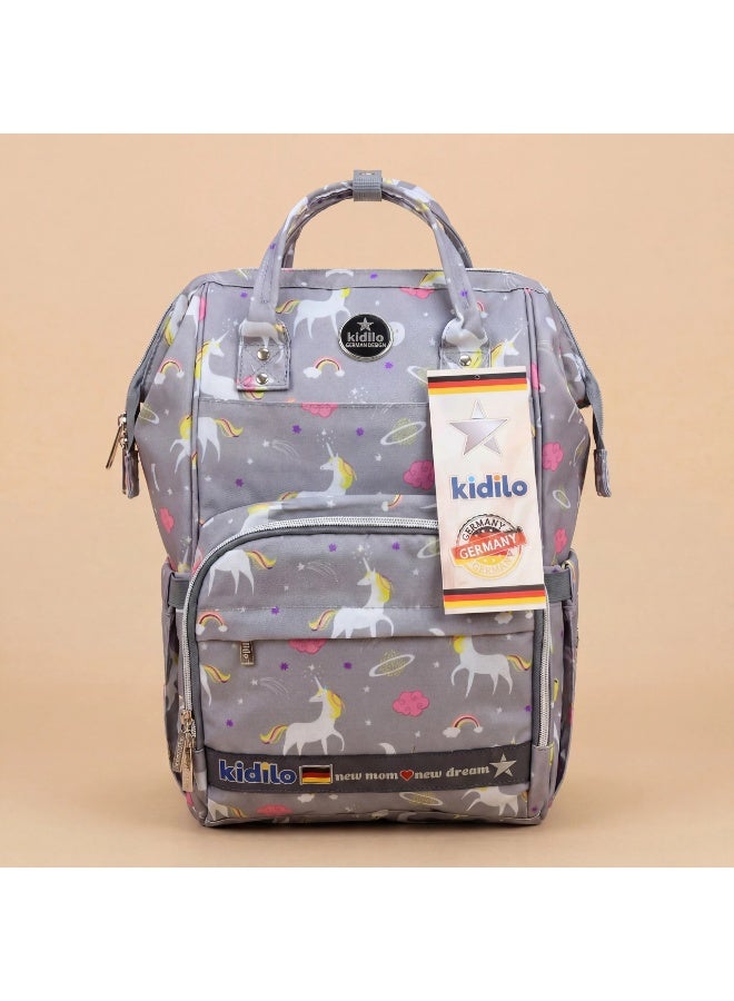 Kidilo Unicorn Baby Diaper Backpack with Changing Mat - Grey - Image 1