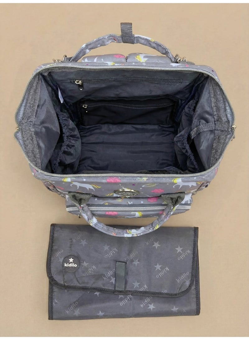 Kidilo Unicorn Baby Diaper Backpack with Changing Mat - Grey - Image 2
