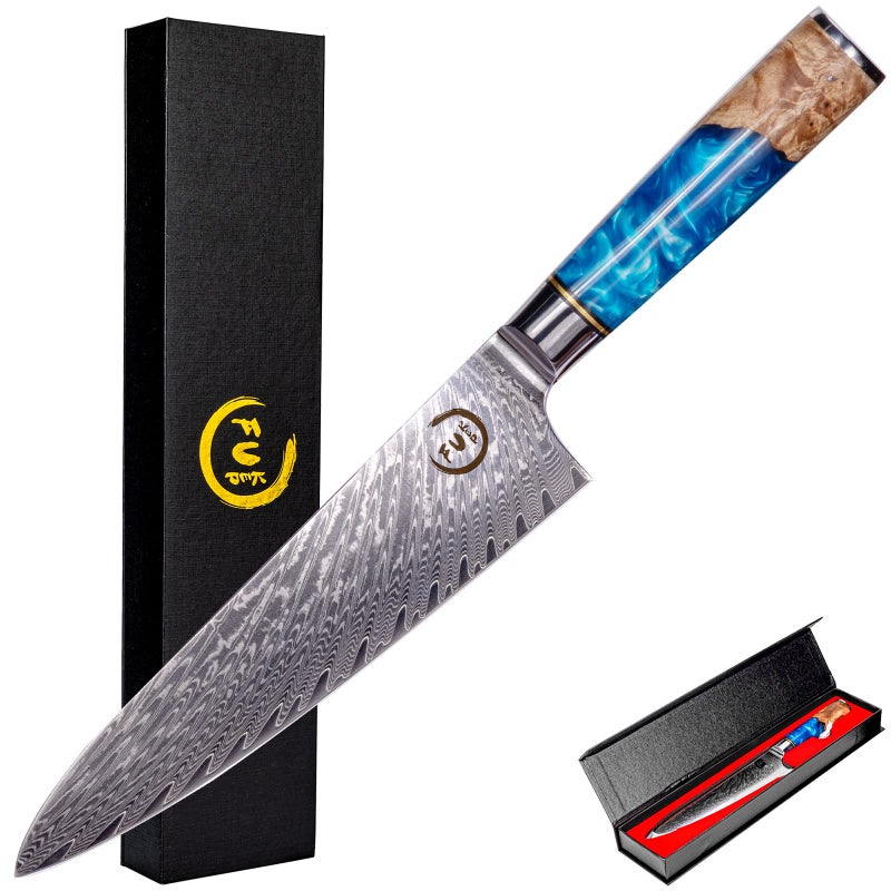 Fukep Chef Knife 8 inch Damascus Chef Knife VG10 Core Steel with 66Layers High Carbon Professional Sharp Chefs Knife 8 Blade Ergonomic Beautiful Blue Resin Handle Gift Boxed