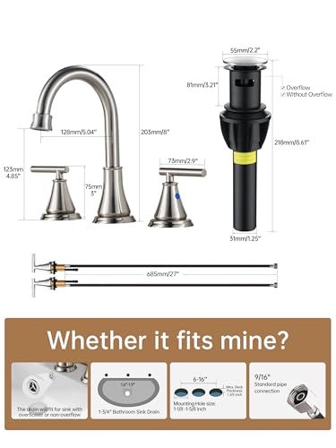 Fransiton 8 Inch Widespread Bathroom Sink Faucet 3 Hole, Brushed Nickel Bathroom Faucet with Metal Pop-Up Drain Assembly, Bathroom Vanity Faucet, 2 Handle for Sink - Image 2